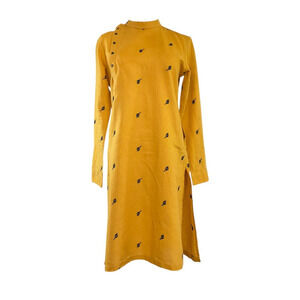 Mustard Yellow Indian Kafat/Kaftan Tunic Black Embroidery Long Sleeve